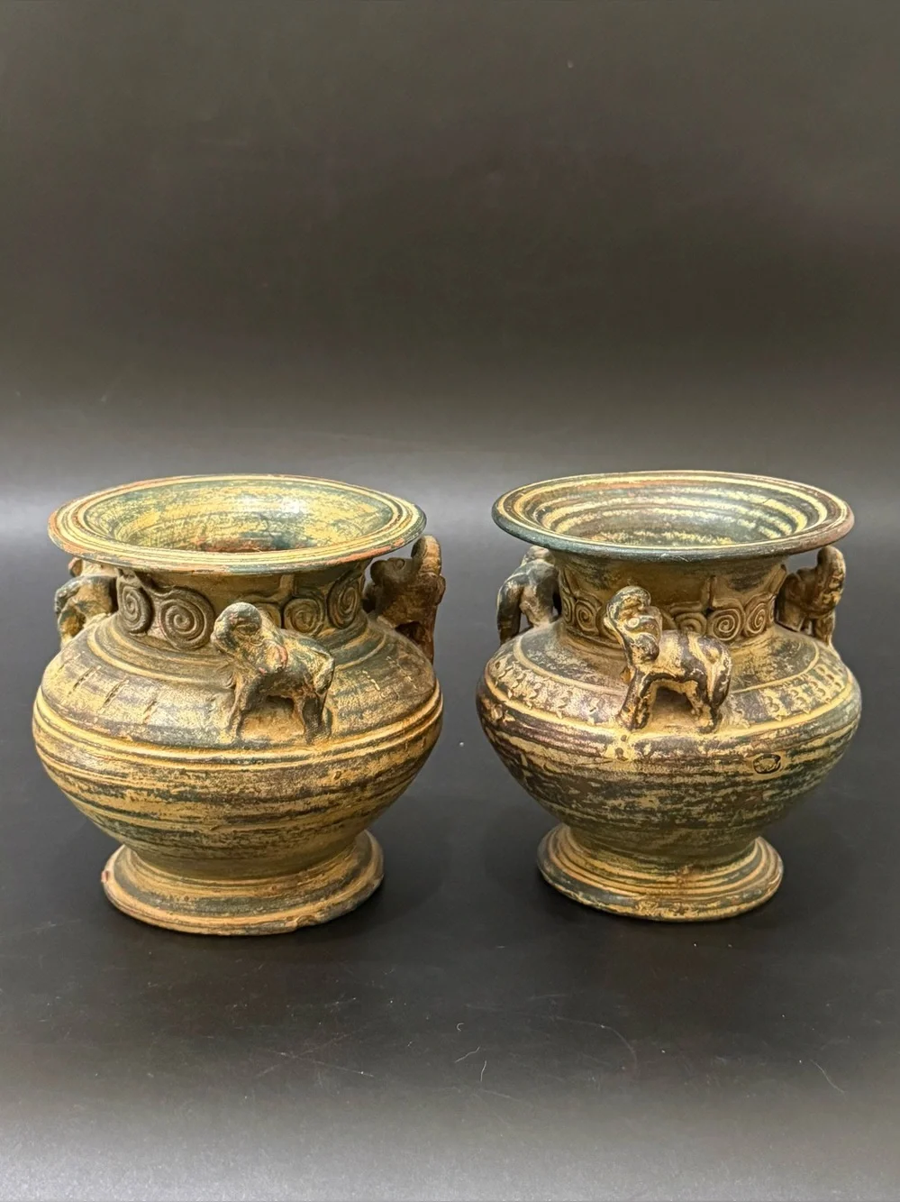 Pair of Vintage Asian Pottery Elephant Details 4.25” Vase